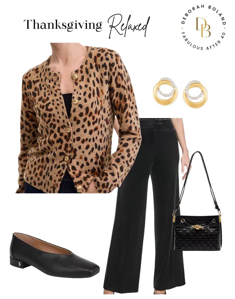 Thanksgiving outfit leopard cardigan and velvet pants