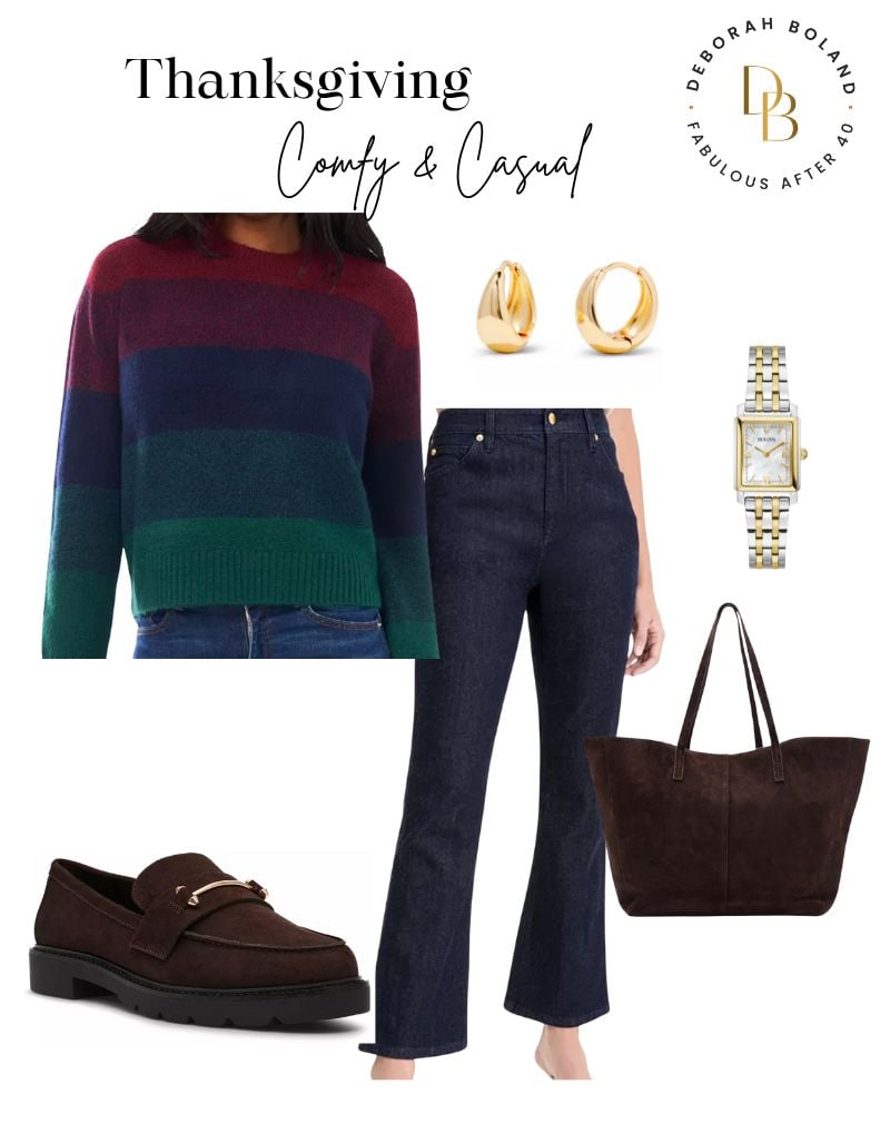 Thanksgiving outfit - casual striped sweater, jeans