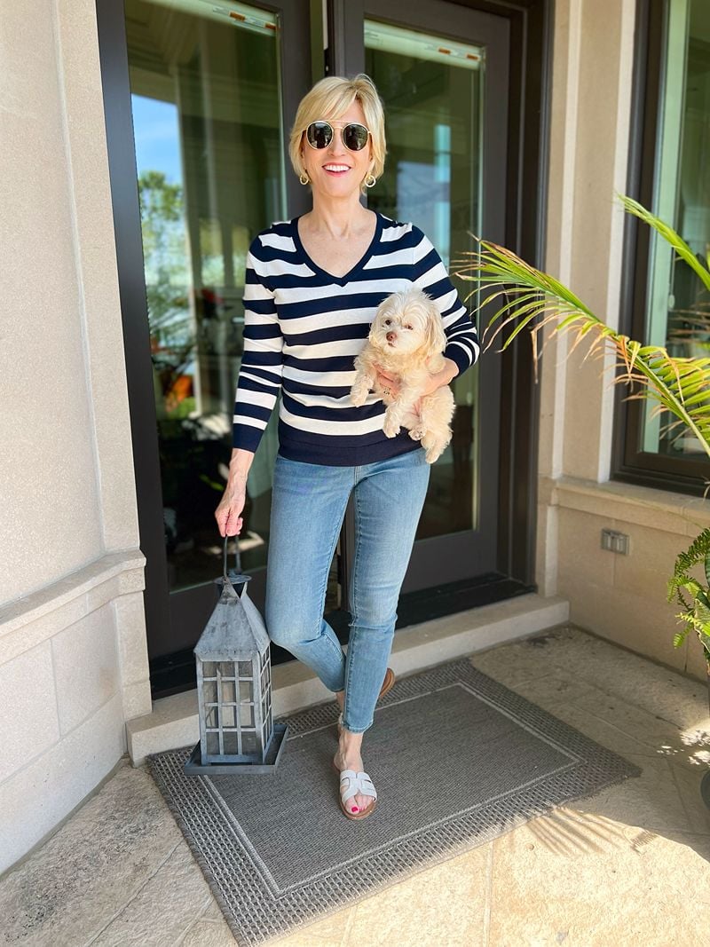 navy nautical striped sweater with jeans