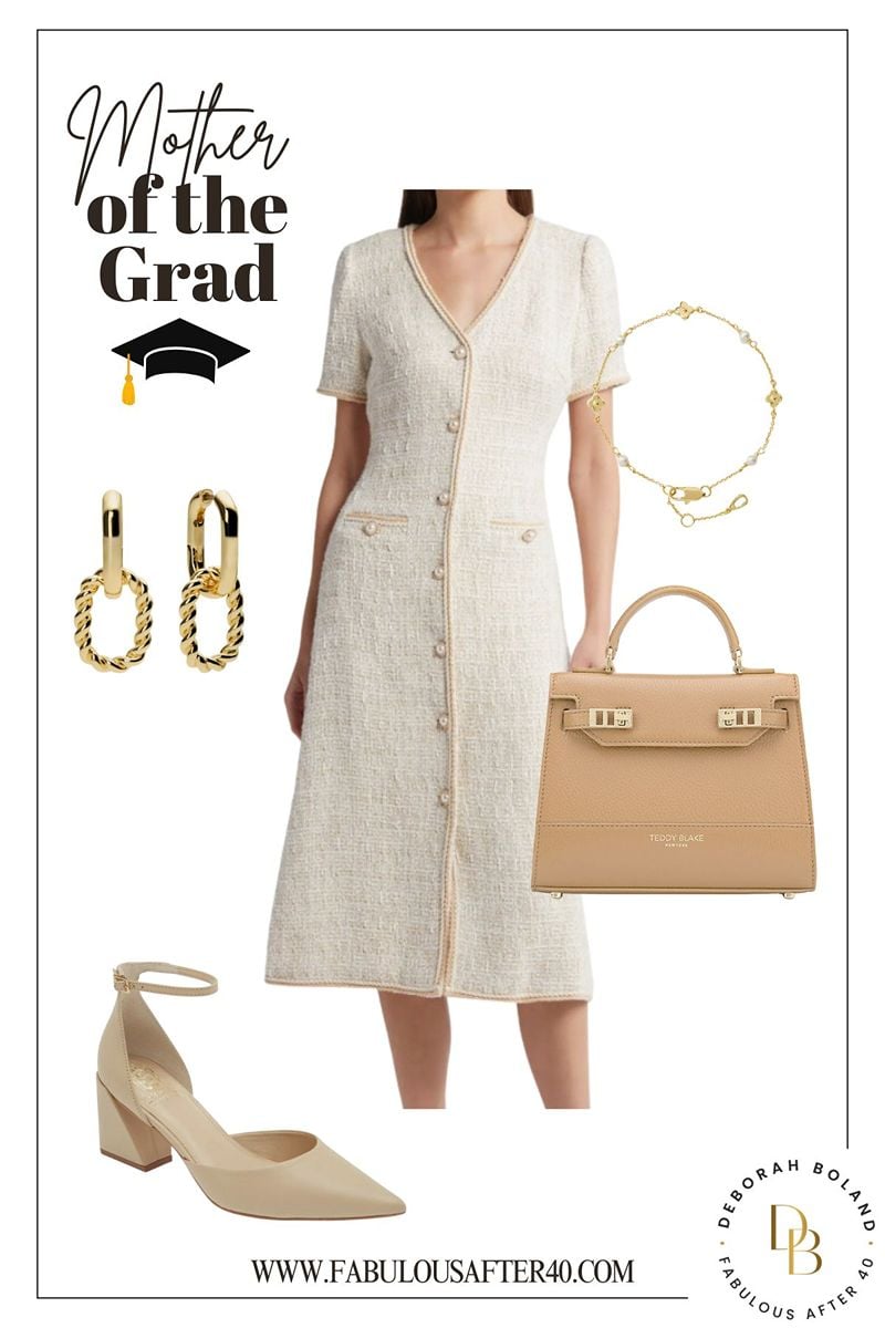 Mother of the Graduate Outfit - Beige Tweed Dress with Neutral accessories