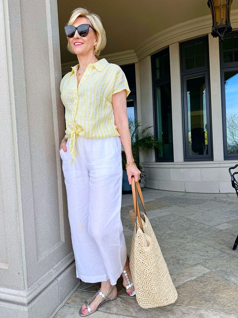 WHITE LINEN PANTS STRIPED LINEN TOP