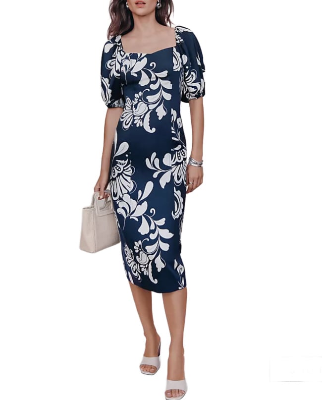 Petite summer dress  -navy and white floral print puff sleeve midi dress