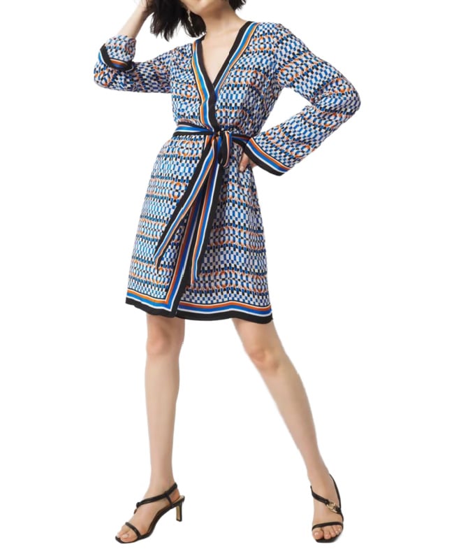 Petite Summer Dress - navy, turquoise, and orange belted waist mini dress
