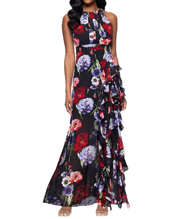 black, red, and purple floral print halter maxi dress with cascading ruffle