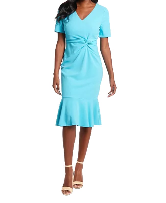 Petite summer dress -turquoise blue front twist sheath dress