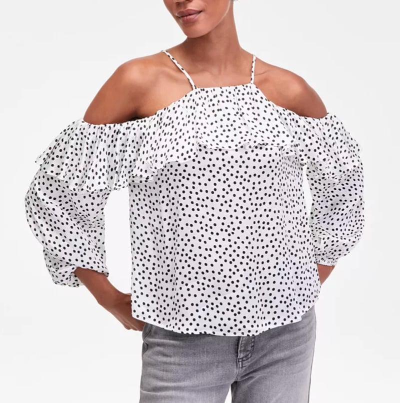 black and white polka dot off the shoulder top