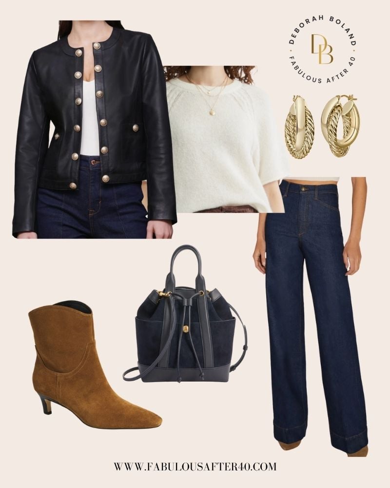 black leather lady jacket with gold buttons