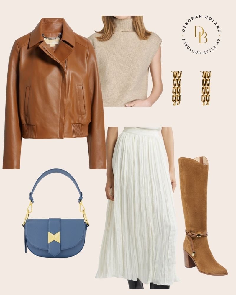 soft tan leather jacket and cream skirt