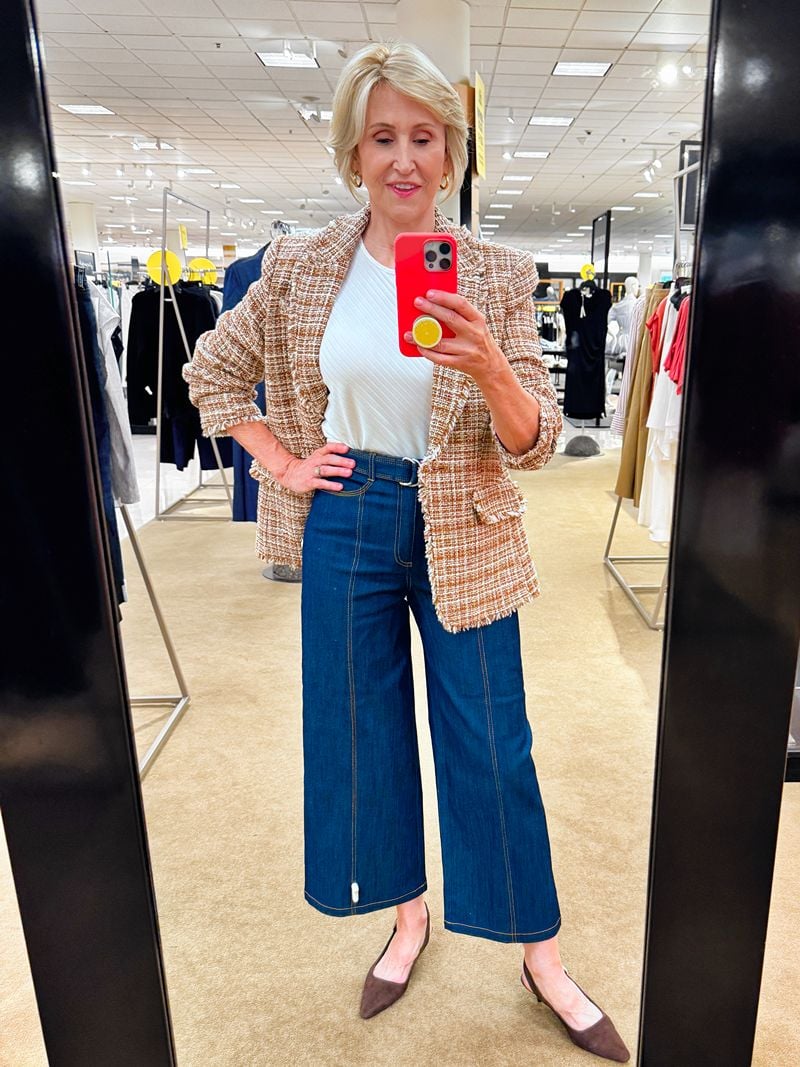 brown tweed jacket cropped jeans with belt