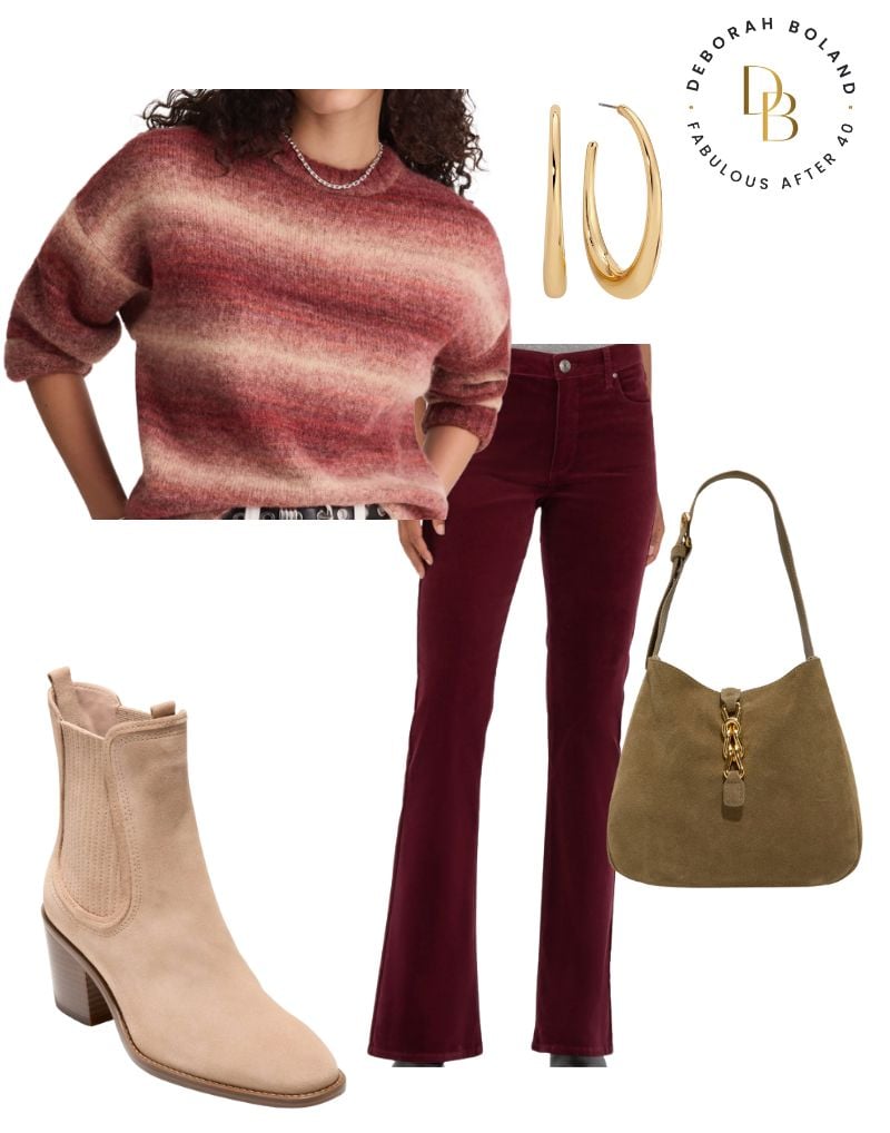red corduroy flare jeans and red ombre sweater