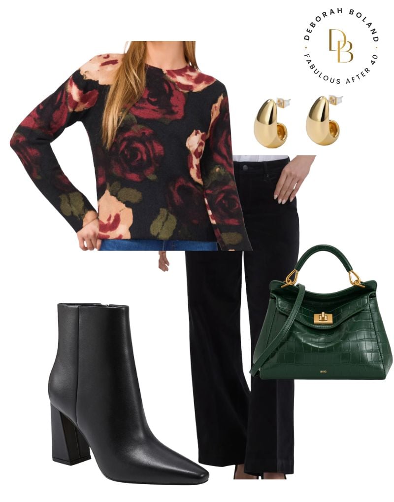 black wide leg corduroy jeans with black floral print sweater and black booties