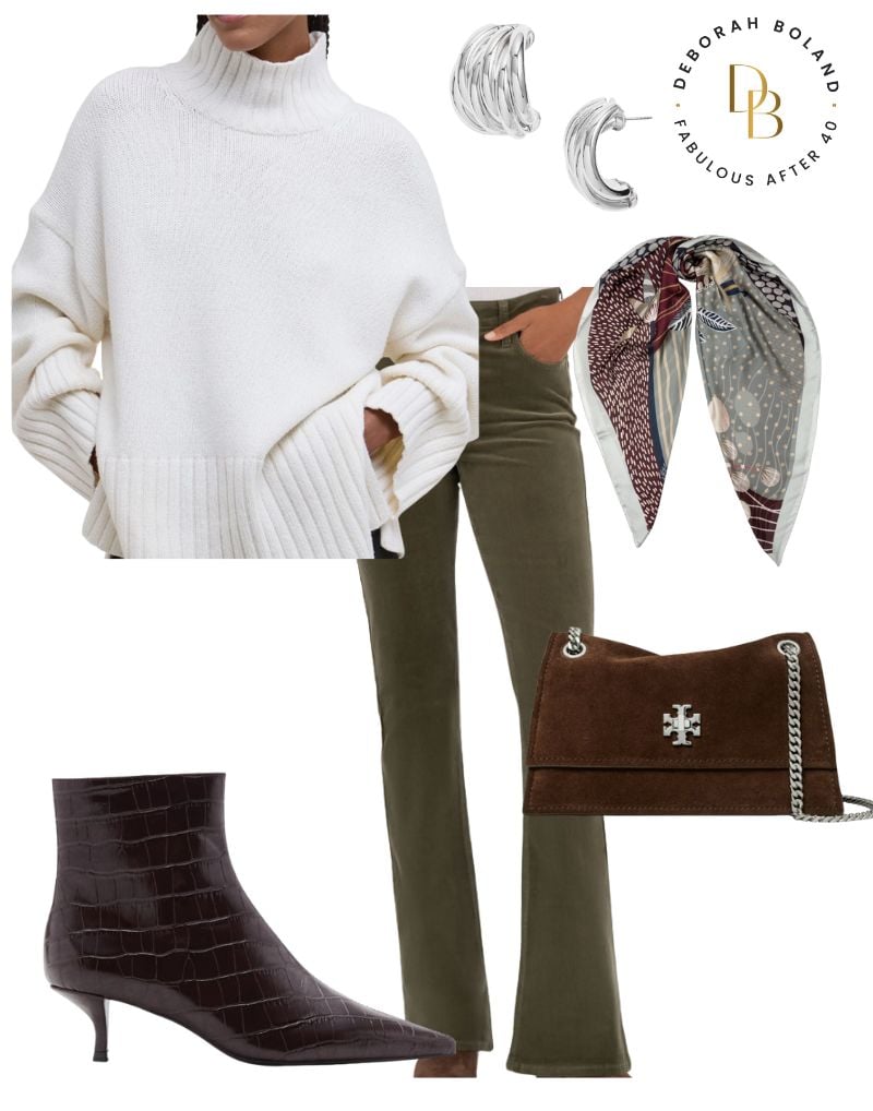 green straigh leg corduroy pants with gray sweater, black booties and bag