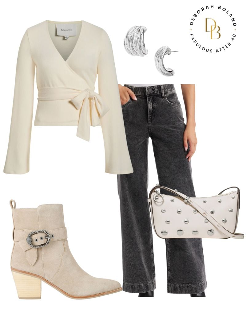 Corduroy pants outfit. Gray washed corduroy jeans, white wrap top, off white booties