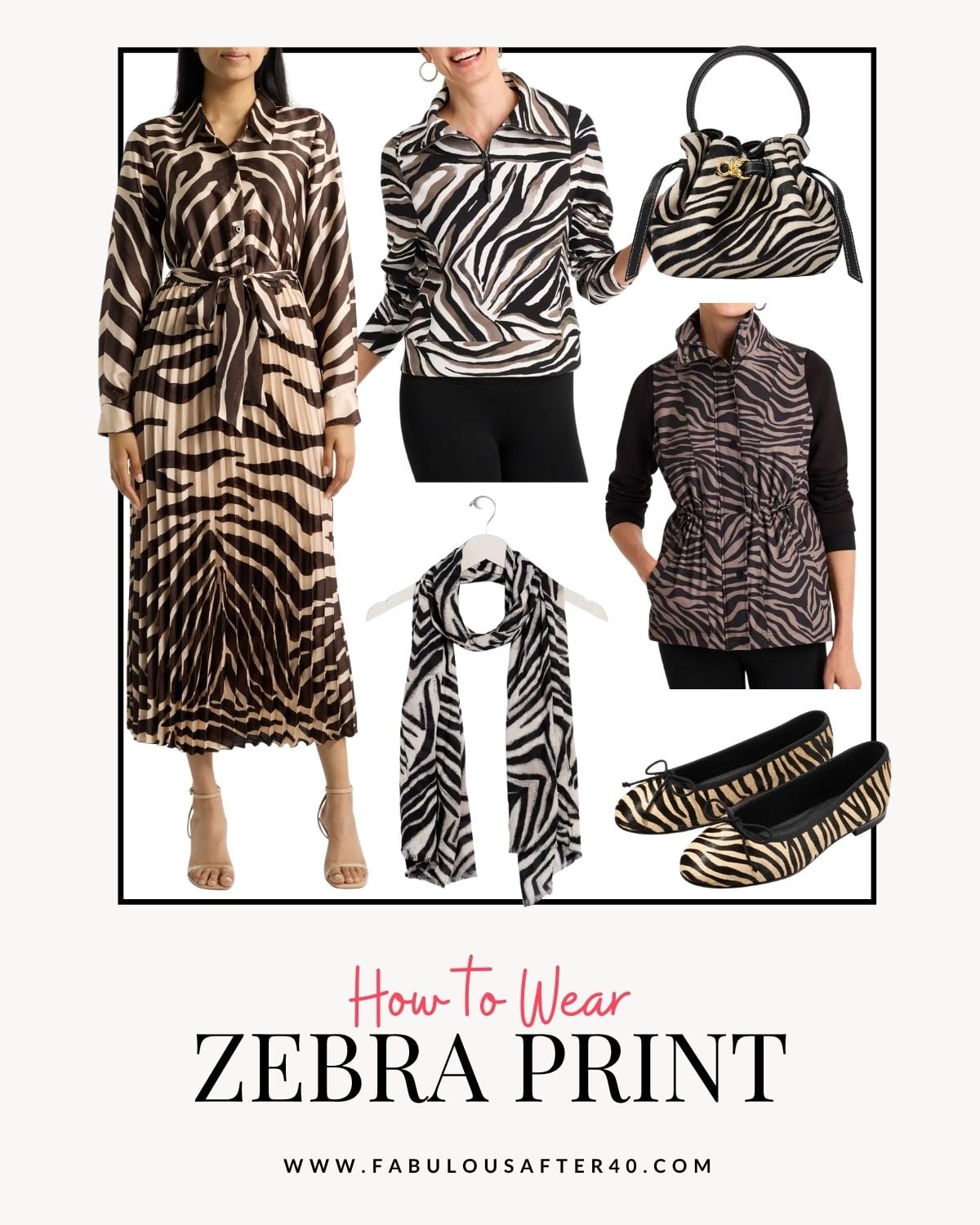 Zebra print fashion for women featuring a zebra print dress, top, vest, scarf, handbag, and ballet flats.