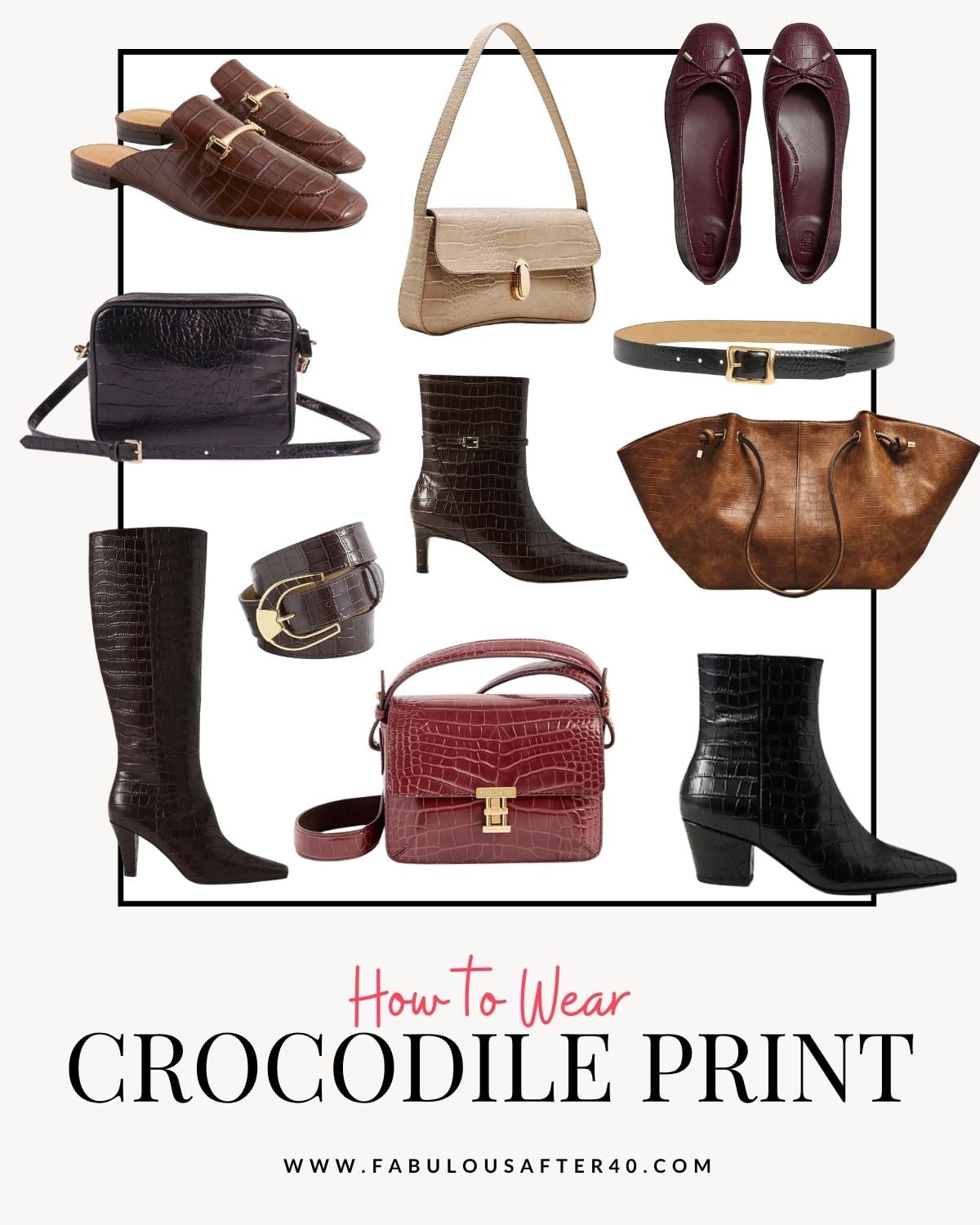 Crocodile print accessories for women featuring handbags, belts, ballet flats, mules, and tall and ankle boots in fall colors.