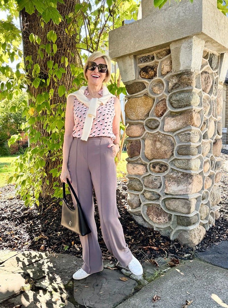Gray Wide Leg Trousers, pink blouse