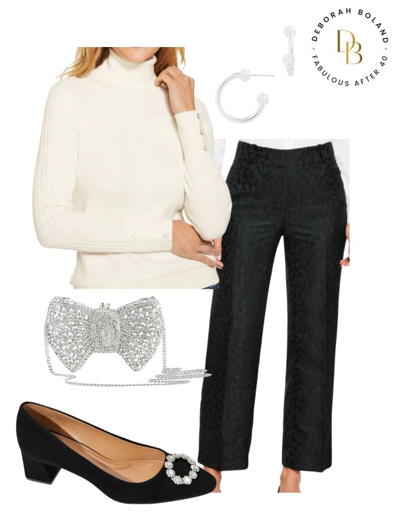 Chic holiday party pants outfit with black jacquard trousers and ivory turtleneck.