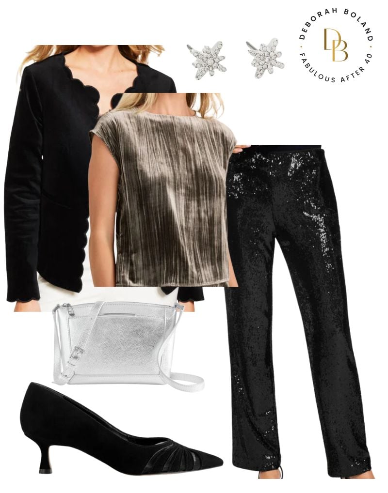 Black sequin holiday party pants outfit with velvet jacket and silver accessories