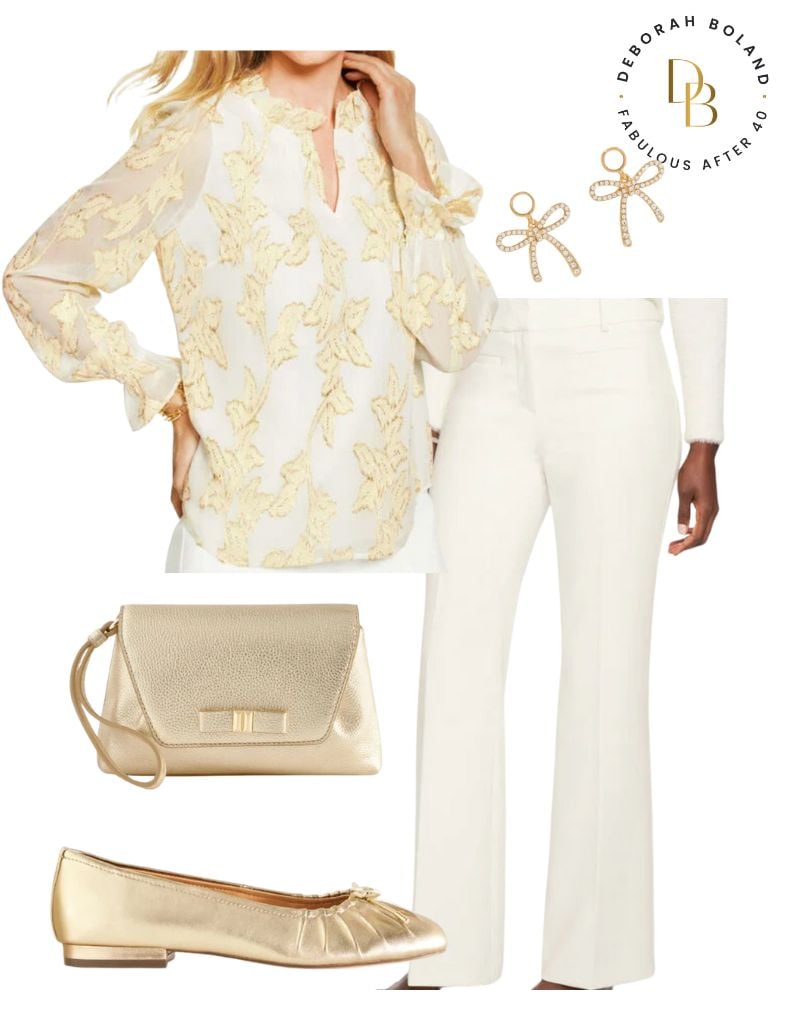 Gold and cream holiday party pants outfit for women over 50