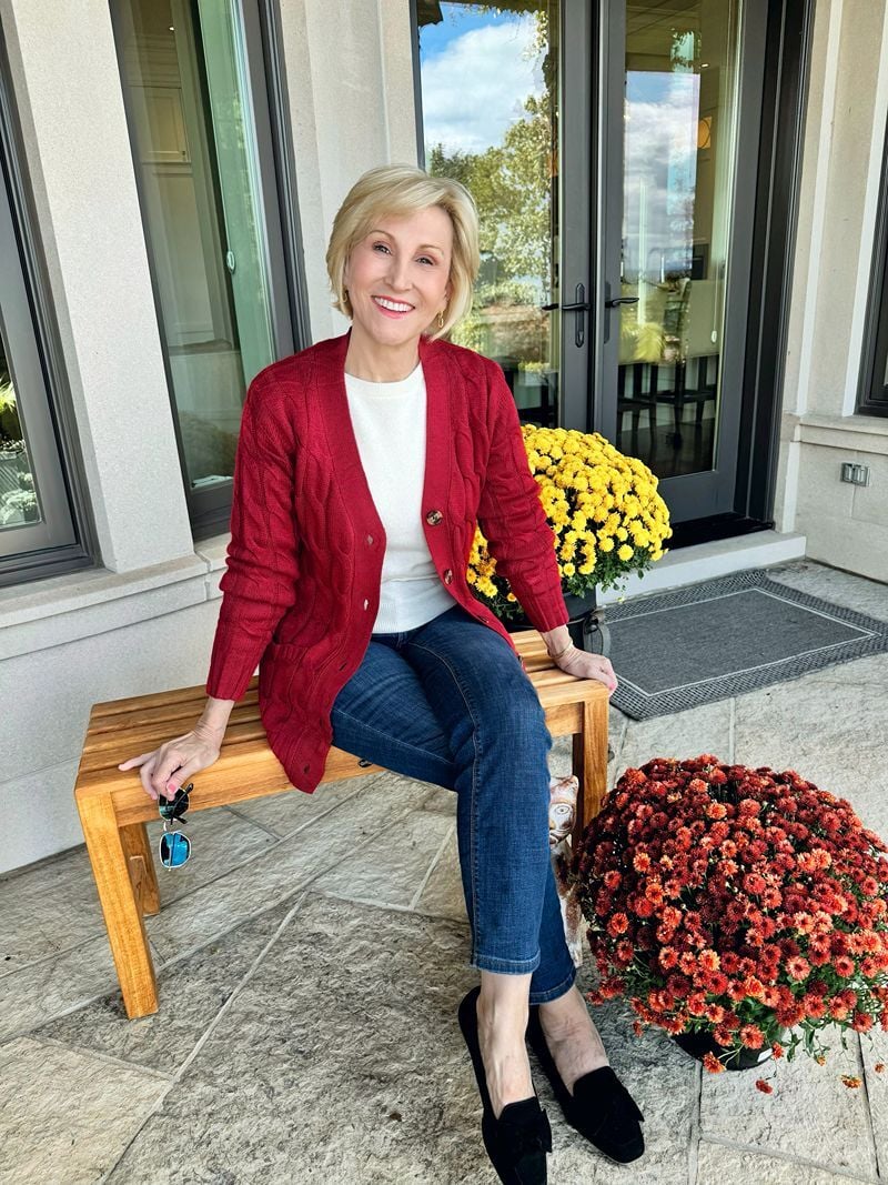 red cardigan sweater