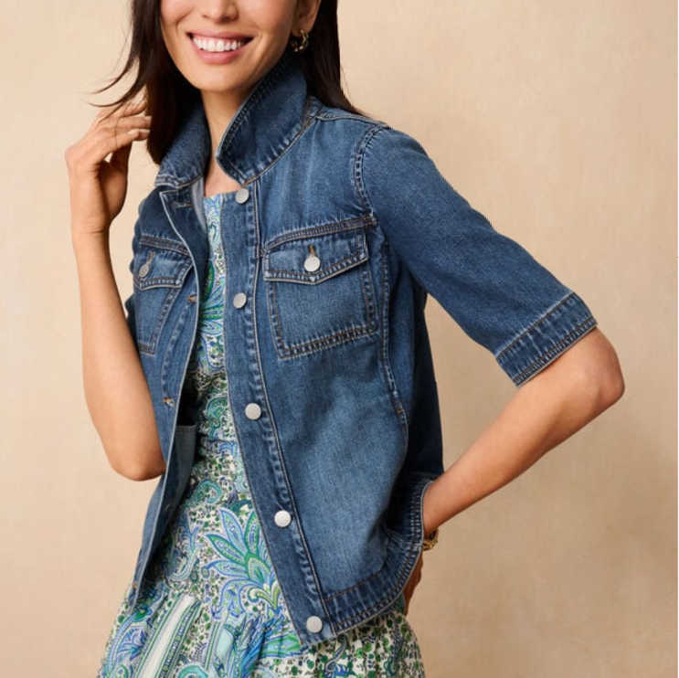 denim jacket with blue sundress