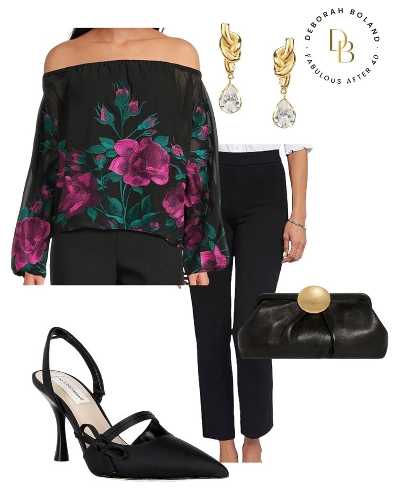 Off the Shoulder floral blouse with black pants