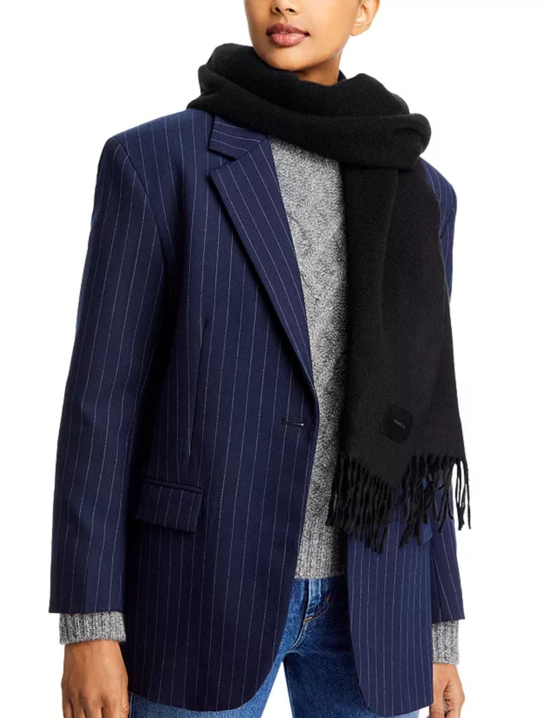 black scarf with pinstripe jacket
