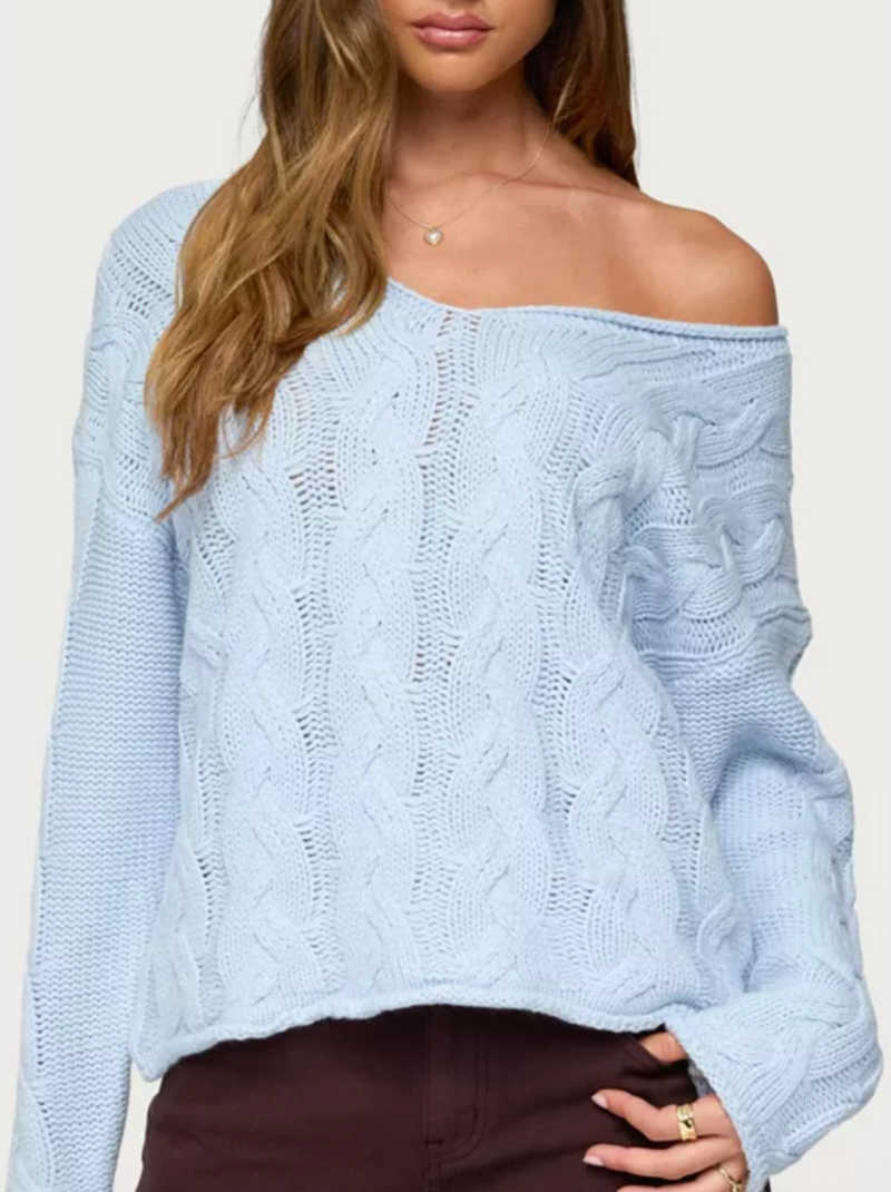 blue off the shoulder cable knit sweater