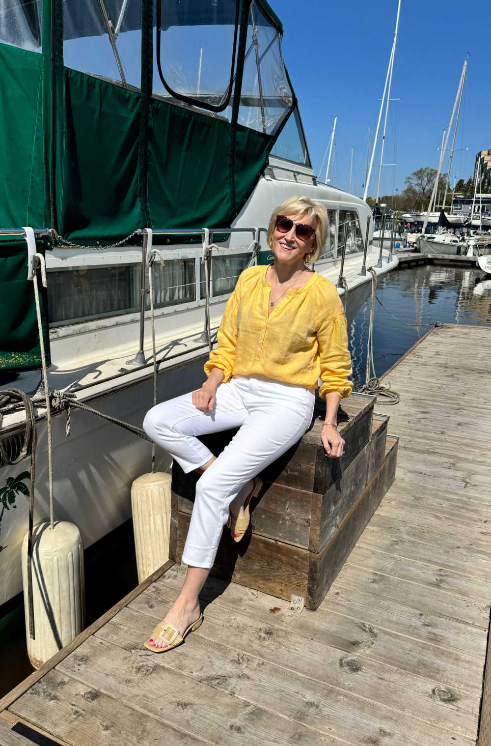 sailing party outfit yellow linen top white pants