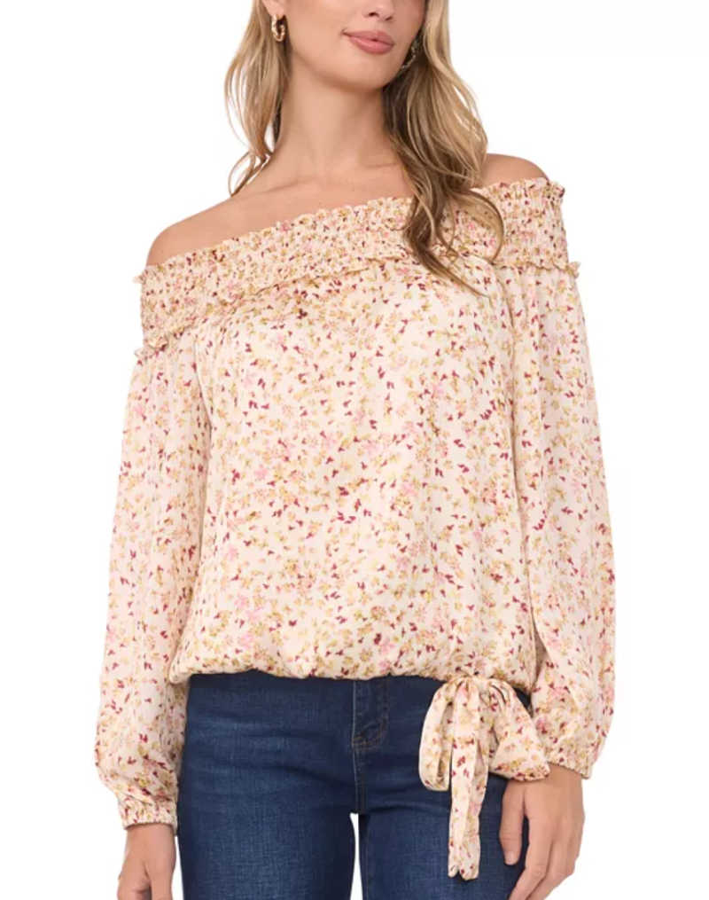 floral off the shoulder top with jeans