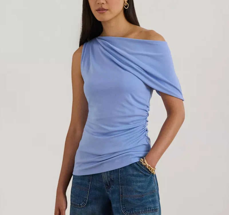 artsy blue off the shoulder top