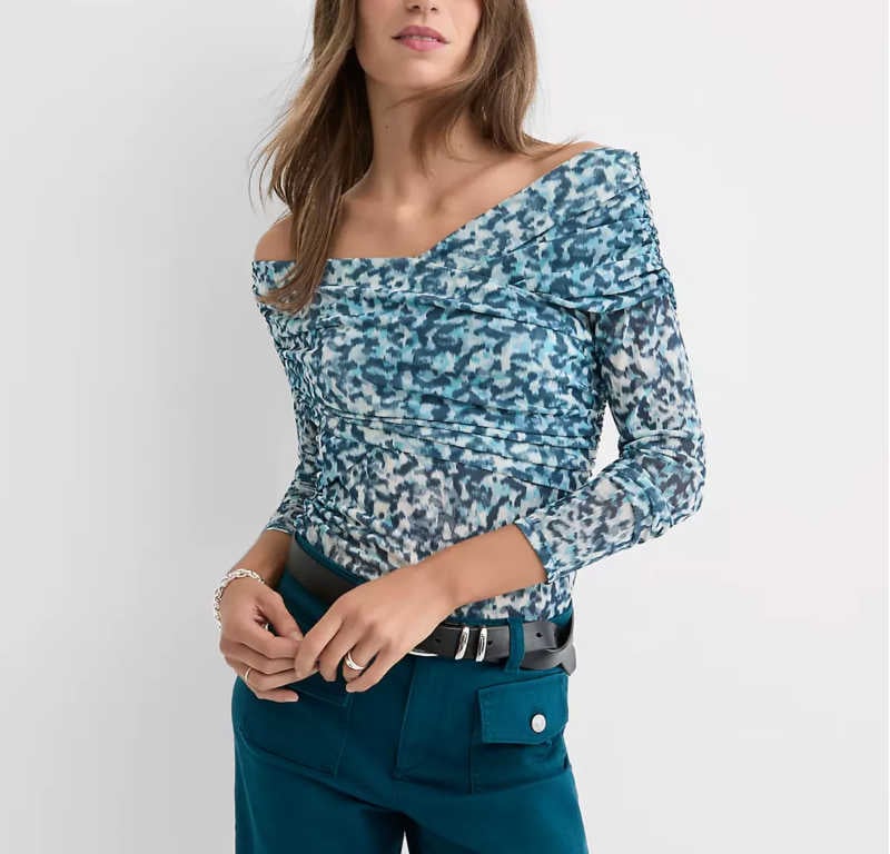 teal print off the shoulder top