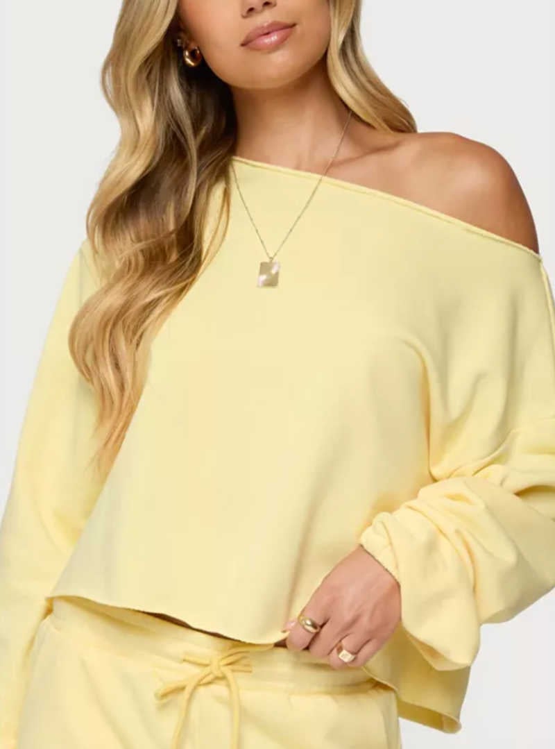 yellow off the shoulder sweatshirt