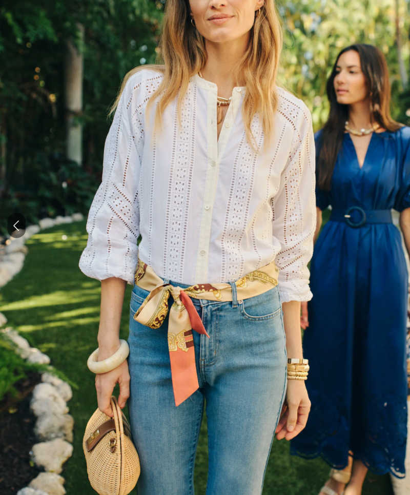 eyelet top with jeans, scarf - boho look