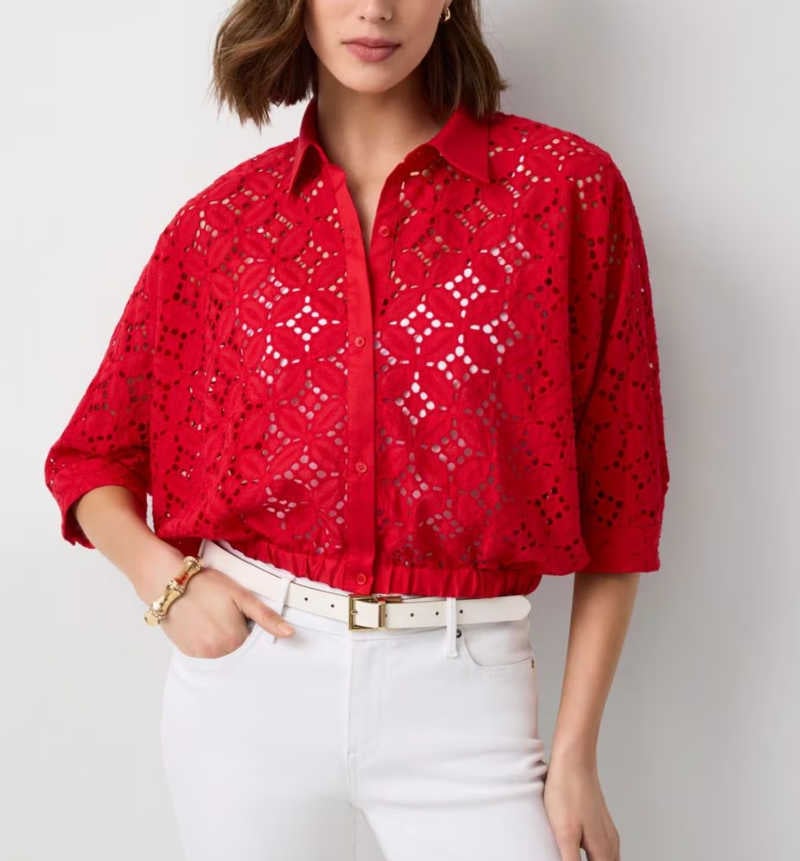 red eyelet top white jeans