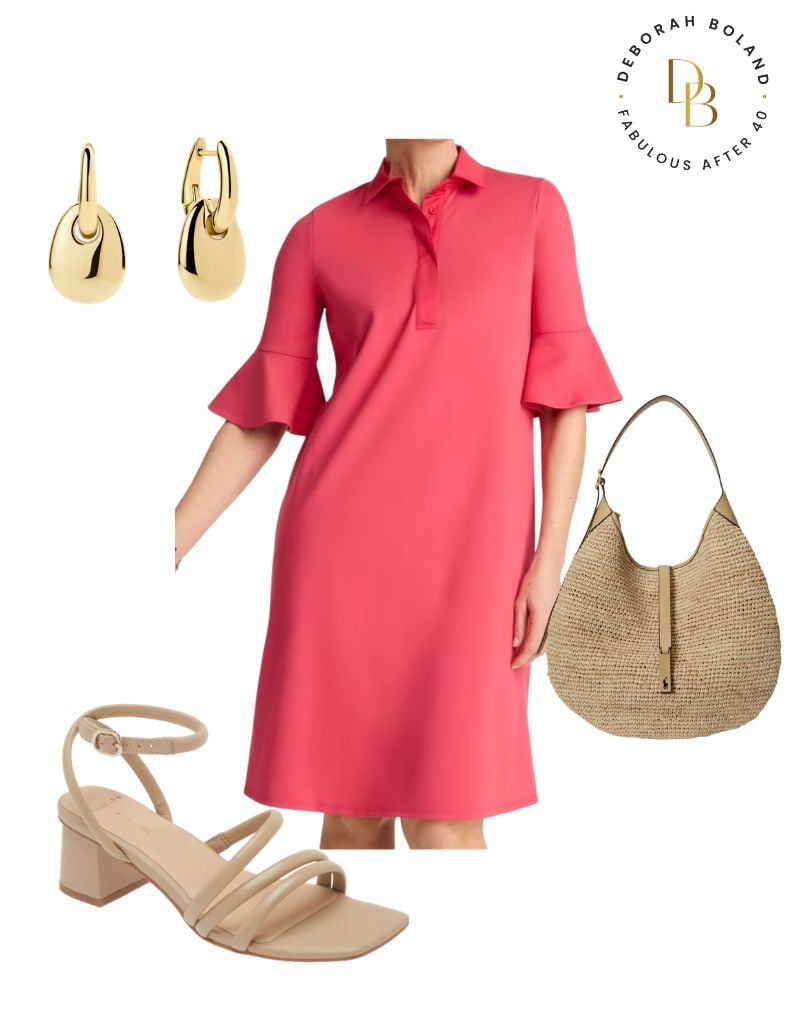 graduation- coral mother of the grad dress with beige block heel shoes
