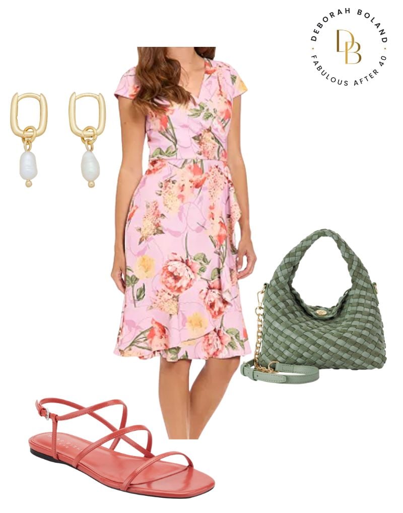 Mother of the grad dress - pink floral with green bag, coral shoes
