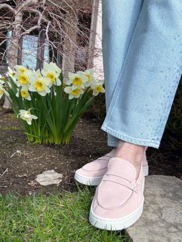pink clunky loafer with blue embellished jeans