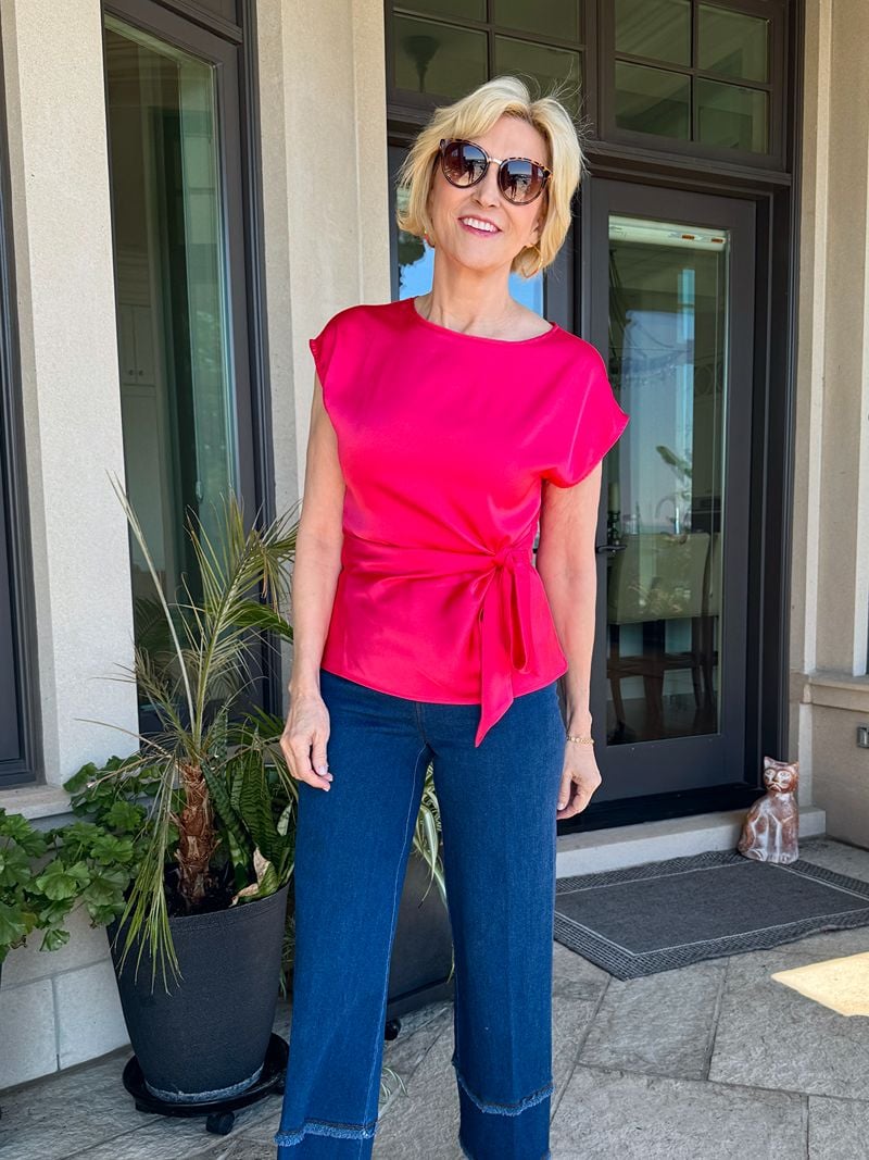 coral satin wrap blouse