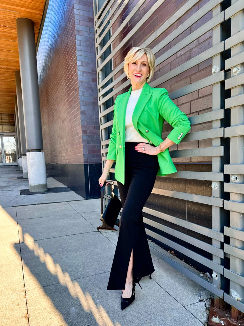 elegant wide leg pants, sweater and blazer