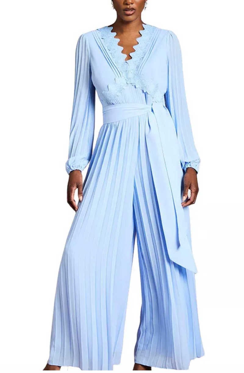 light blue pleated jumpsuit for a wedding