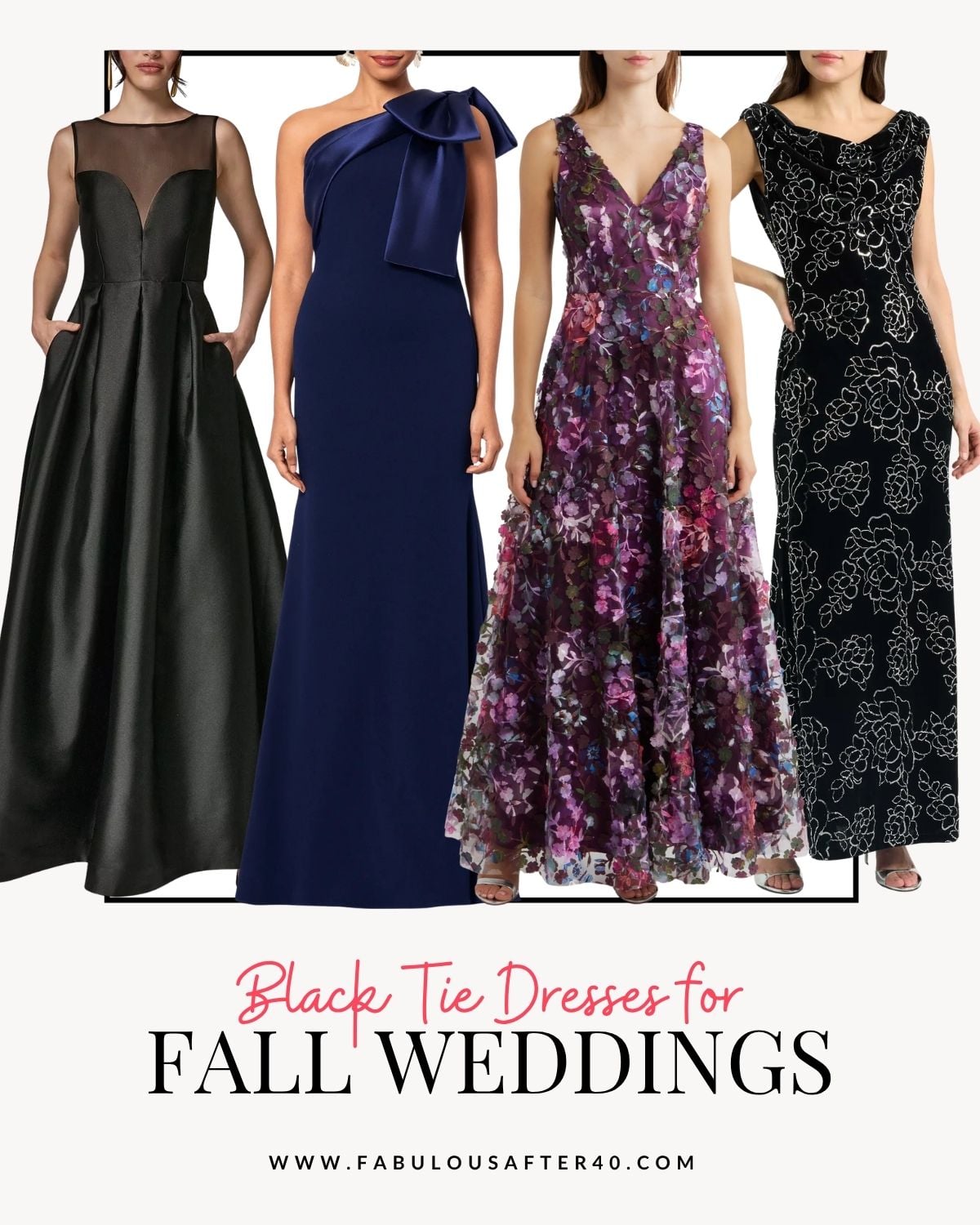 Black tie fall wedding guest dresses in black, navy, purple floral, and black floral formal styles.