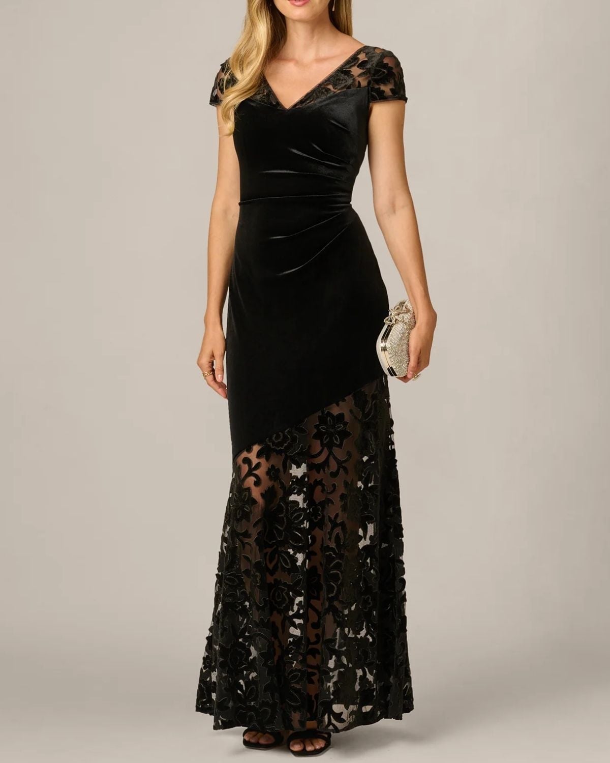 Cap Sleeve Floral Burnout Stretch Velvet Gown in Black