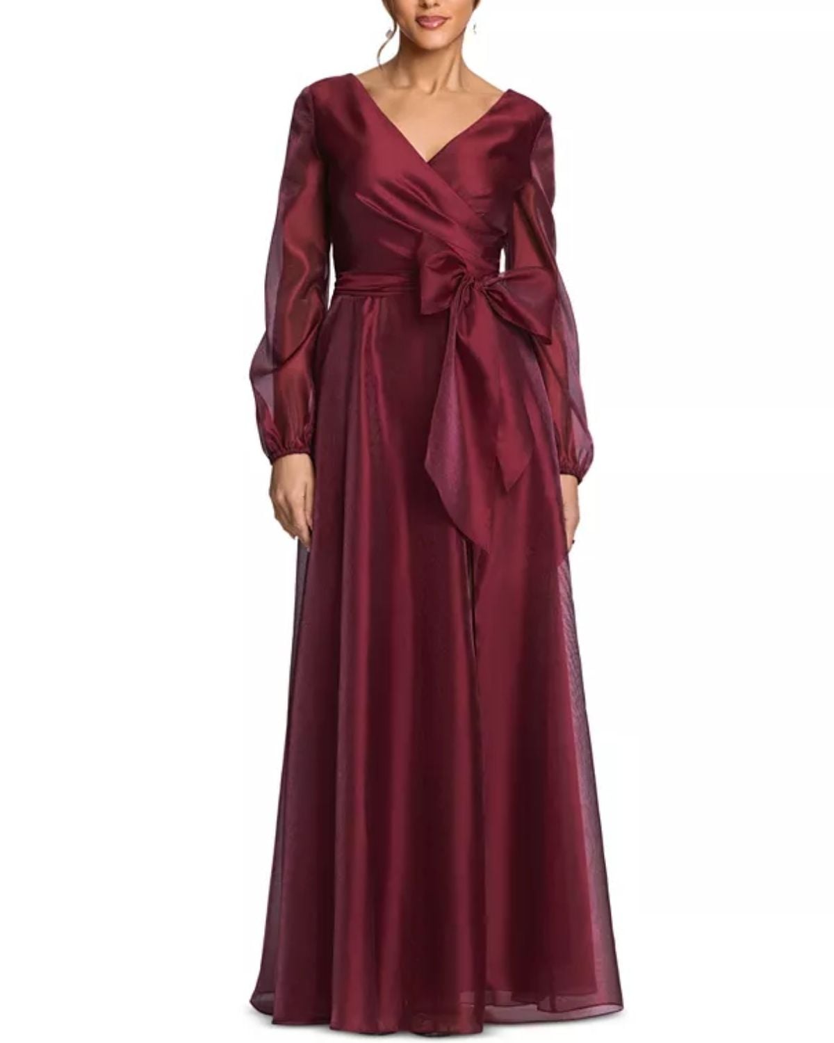 V-neck long sleeve metallic organza gown in Wine