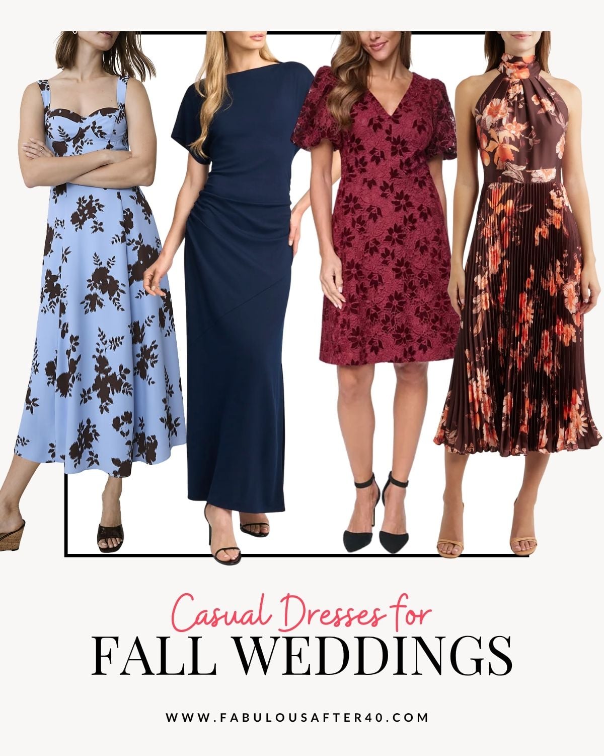 Casual fall wedding guest dresses in blue floral, navy, burgundy lace, and brown floral styles.