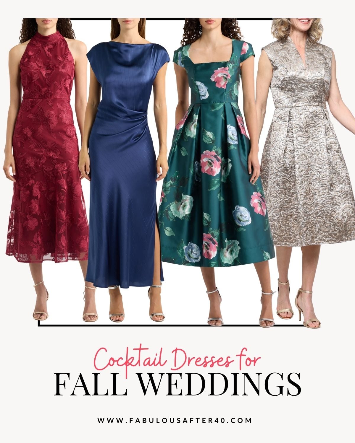 Cocktail dresses for a fall wedding in burgundy lace, navy satin, green floral, and metallic jacquard styles.