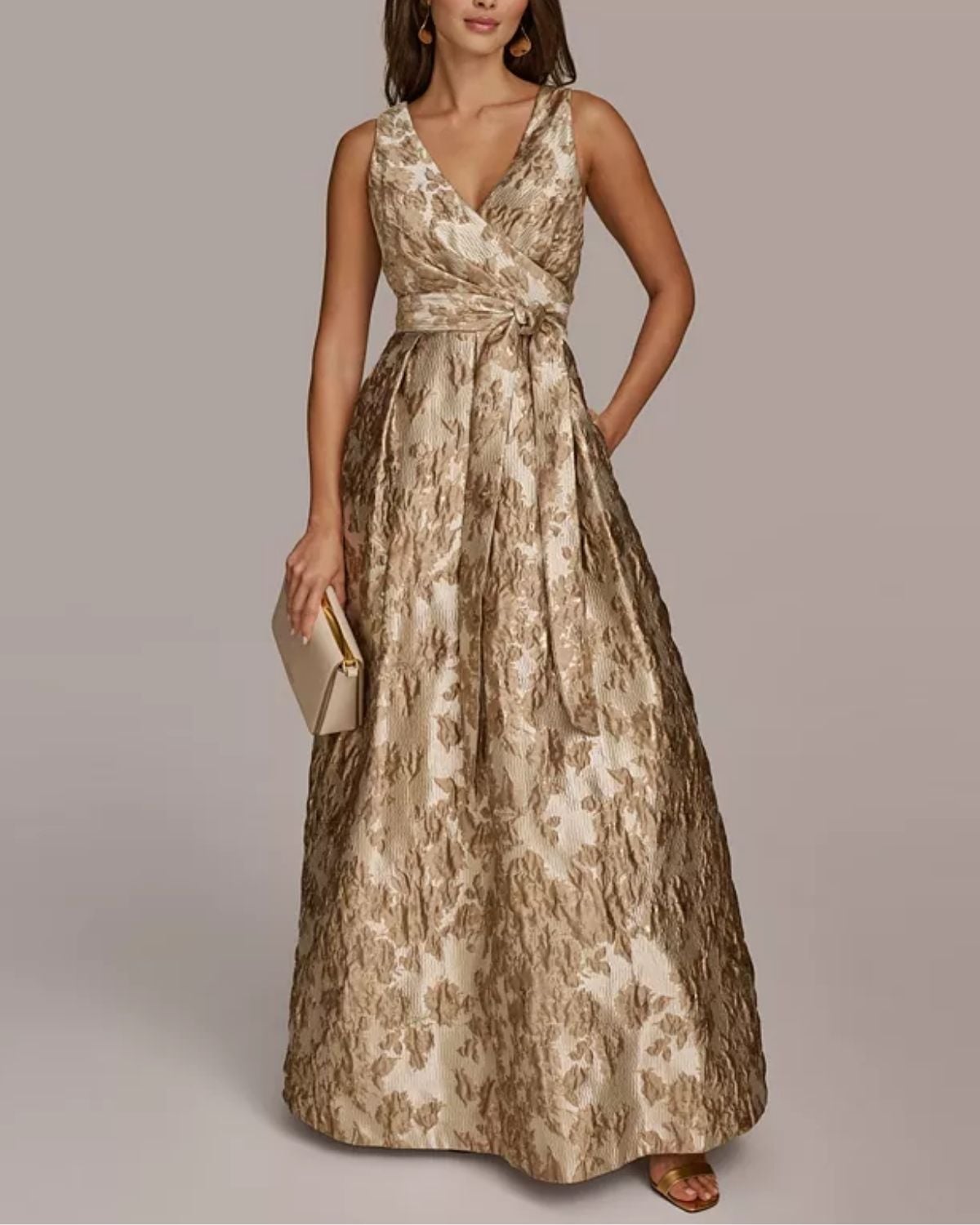 Metallic brocade sleeveless wrap ball gown