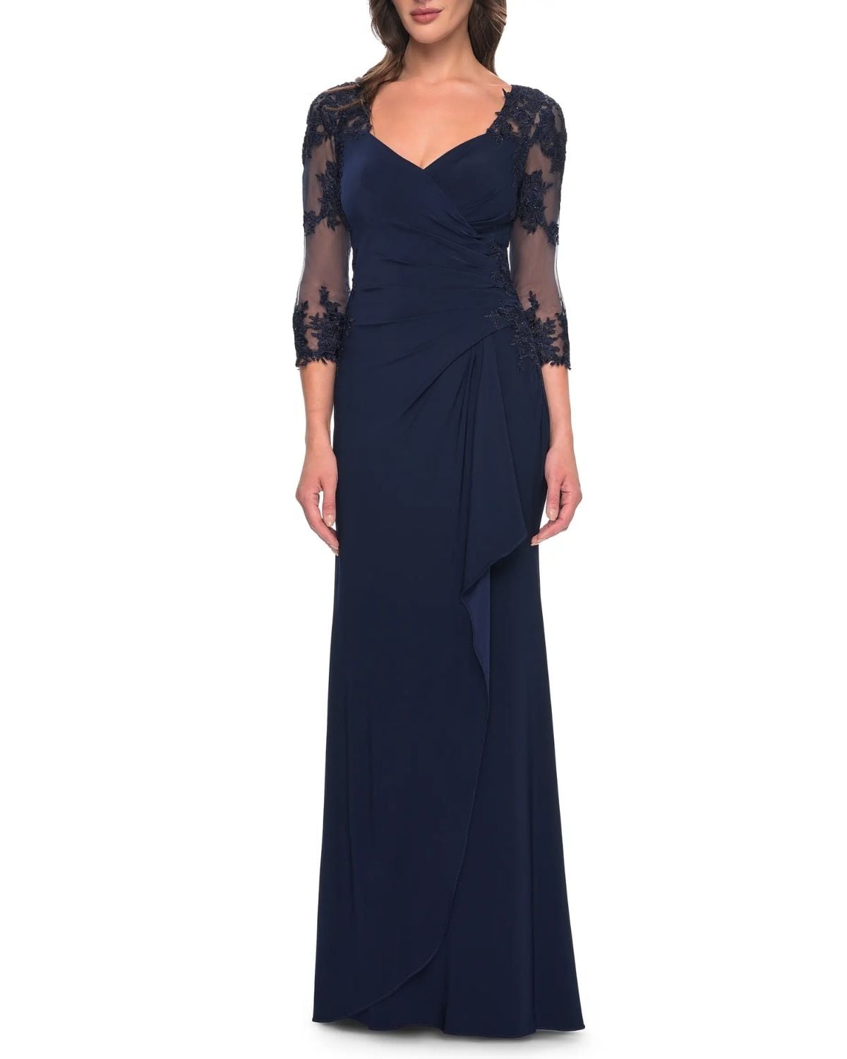 Jersey MOB Gown with Lace Sleeves in Navy