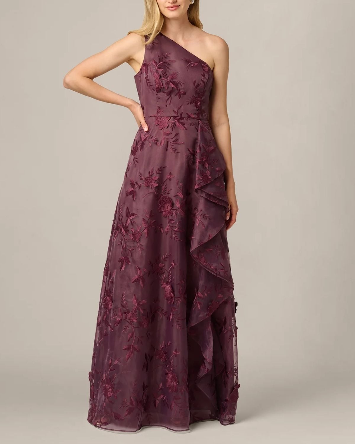 One Shoulder Floral Embroidered Gown in Raisin