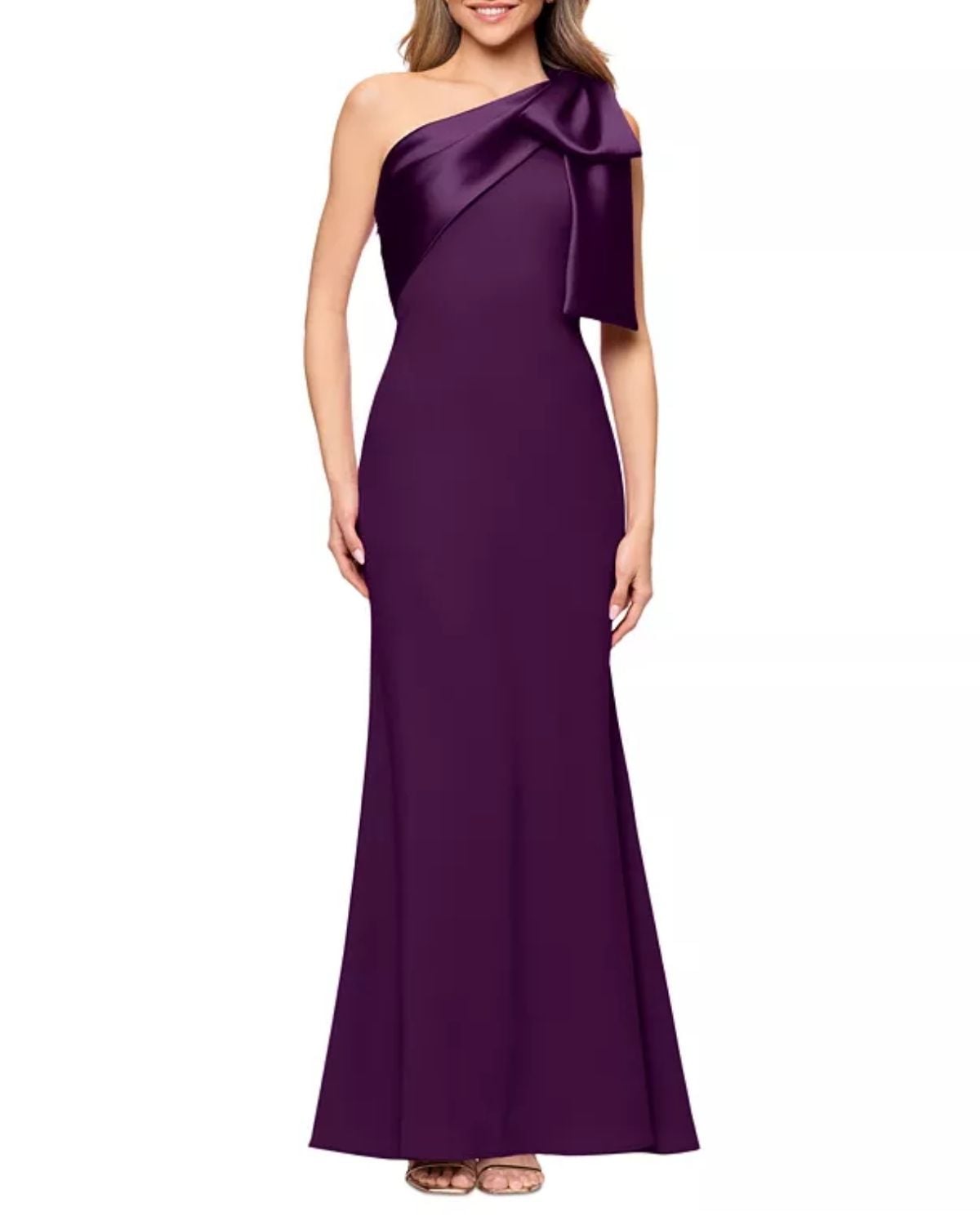 Bow-trimmed one-shoulder gown in Plum